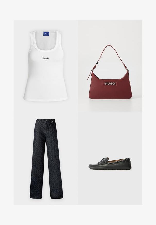 Weißes ärmelloses Tanktop mit Rundhalsausschnitt, "hugo" schwarz auf der Brustmitte gestickt, und blauem HUGO-Label im inneren Kragen.; Dunkelblaue, weite Jeans mit geometrischem Muster, aus Denim gefertigt. Mit Metallknopf, Reißverschluss und Kettelung der vorderen Taschen.; Schwarze Lederbootsschuhe mit rundem Zehenbereich, gestickten Details, kleinem Schleifenakzent und Gummisohle. Glatte Textur und schlankes Design.; Kleine rechteckige burgunderfarbene Lederhandtasche mit verstellbarem Riemen und silberner "HUGO"-Logoplatte auf der Vorderseite.