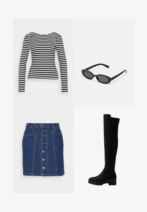 Zwart-wit gestreept langwerpig shirt met lange mouwen en een ronde hals, aansluitend ontwerp, gladde stof en een nette afwerking aan de onderkant en mouwen.; Vero Moda Petite VMPETRA - Minirok - medium blue denim; Zwarte over-de-knie laarzen van zachte suede met een platte zool, voorzien van een ronde neus en elastische zijpanelen voor gemakkelijk aan- en uittrekken.; Even&Odd Zonnebril - black