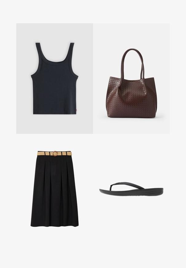 Zwart geribd tanktop met brede schouderbanden en een ronde hals, plat gelegd op een lichtgrijze achtergrond.; Breal GÜRTEL IN LANGER FLIESSENDER FORM - A-lijn rok - noir; Zwarte flip-flop met een gestructureerde band, een gevoerde zool en een strak, minimalistisch ontwerp. Geschikt voor casual gebruik.; Bruine gevlochten leren tote bag met twee handvatten, voorzien van een gestructureerde oppervlakte en een open ontwerp. Minimalistische vorm zonder extra hardware.