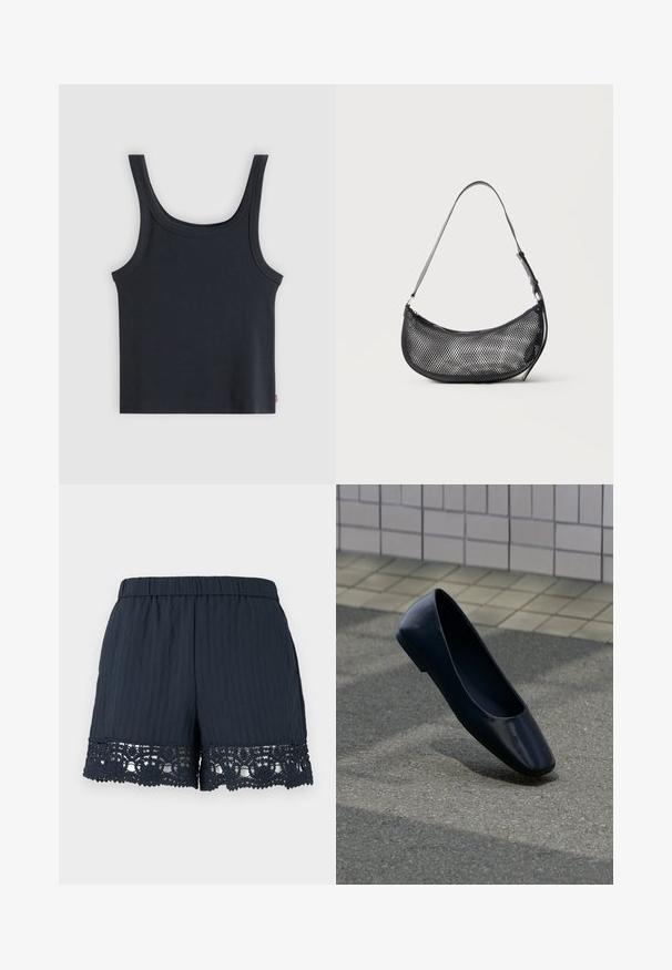 Débardeur noir côtelé avec larges bretelles et encolure dégagée, posé à plat sur un fond gris clair.; Shorts femme bleu marine avec taille élastique et bordure en dentelle florale le long de l'ourlet sur un fond clair uni.; Chaussure plate en cuir noir debout sur une surface asphaltée près du bord d'un trottoir carrelé.; Petit sac d'épaule noir en mesh en forme de croissant avec une lanière fine réglable, sur un fond clair uni.
