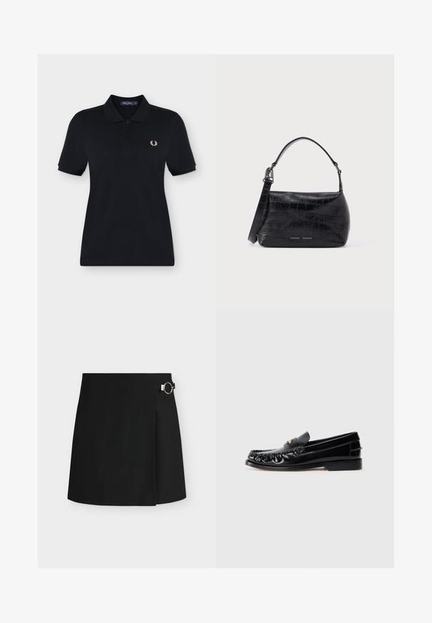 Polo noir à manches courtes avec deux boutons et petit logo blanc de couronne de laurier sur la poitrine gauche.; Mini-jupe noire avec un design portefeuille et une boucle circulaire argentée du côté droit, sur fond blanc.; Mocassins en cuir noir avec un bout arrondi, des coutures décoratives et un petit accent doré sur le dessus. Semelle en caoutchouc plate, design épuré.; Sac à bandoulière en cuir noir embossé crocodile avec poignée supérieure et logo imprimé sur le devant.