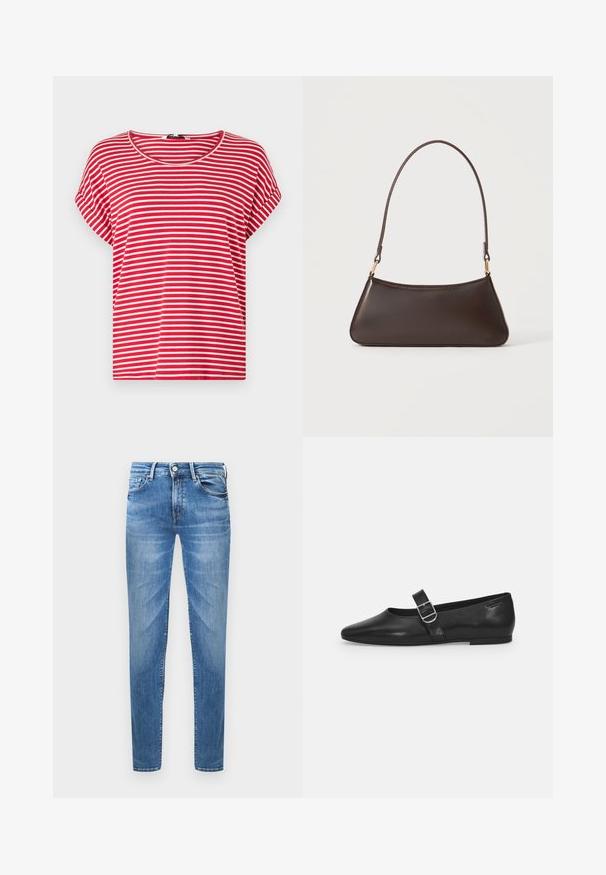 Rot-weiß gestreifte T-Shirt aus weicher Baumwolle. Verfügt über einen runden Halsauschnitt und kurze Ärmel mit einem lockeren, entspannten Schnitt.; Hellblaue Jeans aus Denim im Slim-Fit. Merkmale sind ein Knopfverschluss, fünf Taschen und eine gewischte Textur an den Oberschenkeln.; Schwarzer Lederflatschuh mit runder Zehenform, einem verstellbaren Schnallenriemen und einer glatten, glänzenden Oberfläche. Minimalistisches Design mit einem niedrigen Absatz.; Dunkelbraune Lederhandtasche mit geschwungenem oberen Reißverschluss und schmalem Schulterriemen mit goldfarbenen Verschlüssen auf einfarbigem Hintergrund.