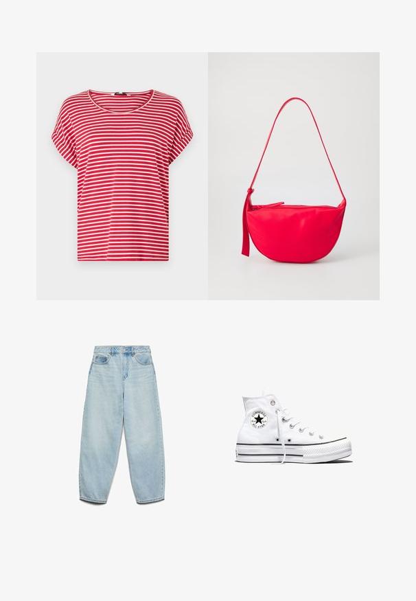 Camiseta a rayas rojas y blancas hecha de algodón suave. Cuenta con un cuello redondo y mangas cortas con un ajuste suelto y relajado.; Vaqueros de mezclilla azul claro con un corte relajado, cintura alta y piernas anchas, con una textura ligeramente desgastada y un clásico diseño de cinco bolsillos.; Zapatilla blanca de caña alta Converse Chuck Taylor All Star con parche de logo negro y cordones blancos, presentada sobre fondo blanco.; Bolso de hombro de cuero rojo con forma curva, cierre con cremallera y una correa delgada y ajustable. Textura suave con detalles de costura.