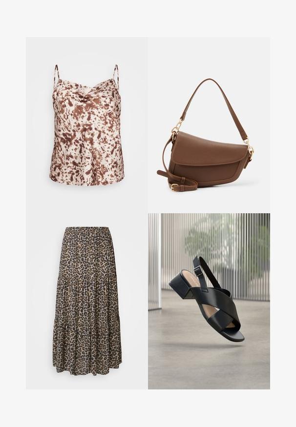 Brun og cremeprikket satin camisole med tynde stropper og draperet udskæring, glat tekstur og en afslappet pasform.; Maxi nederdel med leopardprint, elastisk talje, lagdelt design og blødt, let materiale i nuancer af brun, sort og beige.; Sort læder sandal med åbne tæer, krydsede stropper og en sølvspænde, svævende over en glat betongulv med en baggrund af lodrette striber.; Brun læder skuldertaske med en tekstureret overflade, buet form, guldfarvet hardware, justerbar rem og klaplukning.