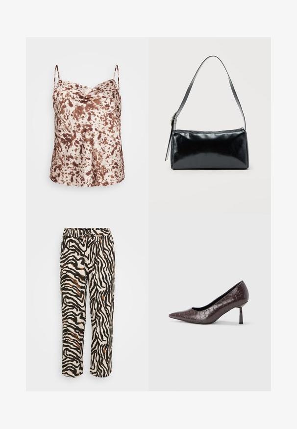Brun og cremeprikket satin camisole med tynde stropper og draperet udskæring, glat tekstur og en afslappet pasform.; Bindebåndsbukser i lette stoffer med et sort-hvidt zebra mønster og brune accenter. Løs pasform og cropped længde.; Brune kunstlæder stiletter med spidse tæer og krokodilletekstur, der har en slank, vinklet hæl og en glat inderside.; Sort rektangulær skuldertaske med en enkelt justerbar rem og lynlås i toppen på en ensfarvet baggrund.