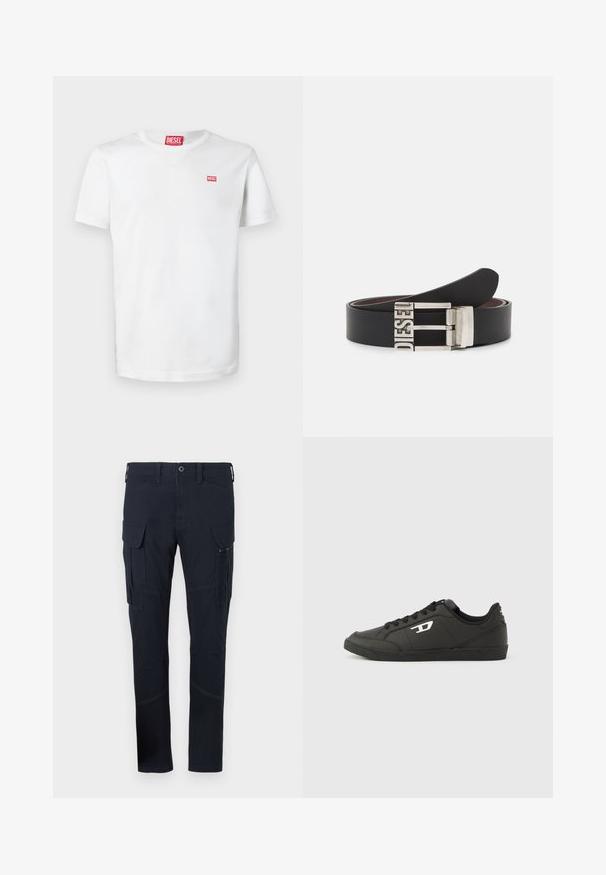 Witte katoenen t-shirt met een V-hals, korte mouwen en een klein rood Diesel-logo op de borst. Glad oppervlak, eenvoudig ontwerp.; Cargo pants in donker marineblauwe stof met meerdere zakken, waaronder zijcargo zakken, en zichtbare stiksels. Slim-fit ontwerp.; Zwarte sneakers van synthetisch materiaal met een geribbelde zwarte zool, ronde neus en vlakke zwarte veters. Opvallend wit logomerk aan de buitenzijde.; Zwarte leren riem met een zilveren metalen gesp waarop de tekst "DIESEL" is gegraveerd. Het ontwerp is slank met een gladde textuur.