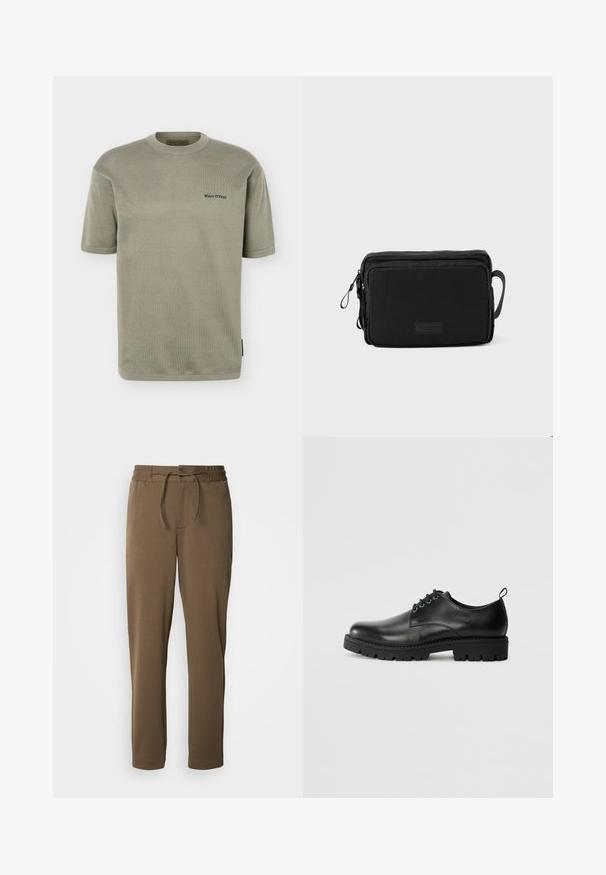 Licht olijfgroen gebreid T-shirt met korte mouwen, ronde hals en klein zwart "Marc O'Polo" logo op de linkerborst.; Bruine, taps toelopende sweatpants met elastische tailleband en trekkoord. Zachte, gladde textuur, met zijzakken en een eenvoudig ontwerp.; Zwarte lederen schoen met een ronde neus, voorzien van een vetersluiting, stevige zwarte rubberen zool en een klein hieltabje aan de achterkant.; Zwarte rechthoekige tas van gladde stof, met een ritsluiting, een zijhandvat en een klein logopatch aan de voorkant.