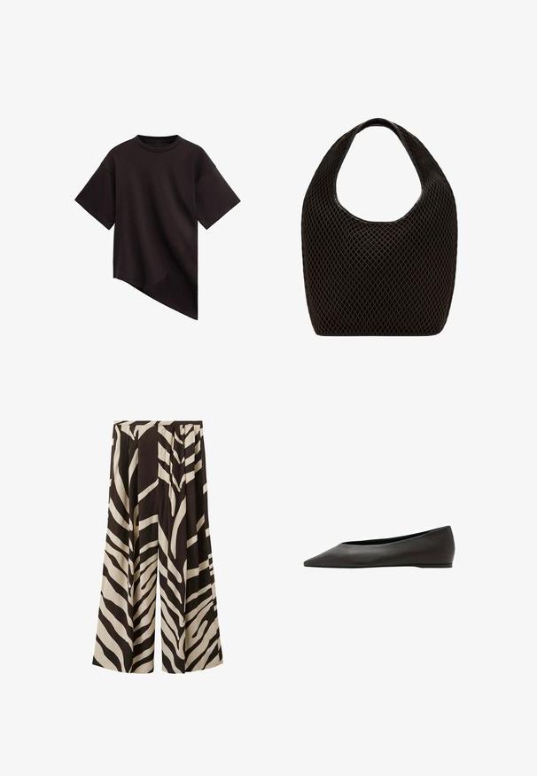 T-shirt noir à manches courtes avec col rond et ourlet asymétrique s'inclinant en diagonale de gauche à droite.; Pantalon à jambes larges avec un imprimé zèbre noir et beige audacieux, devant plissé et taille haute.; Chaussure plate noire à bout pointu avec un talon bas et une tige en cuir lisse, présentée de profil sur un fond blanc.; Sac cabas noir en maille à tissage ouvert avec poignée supérieure arrondie et corps large et incurvé.
