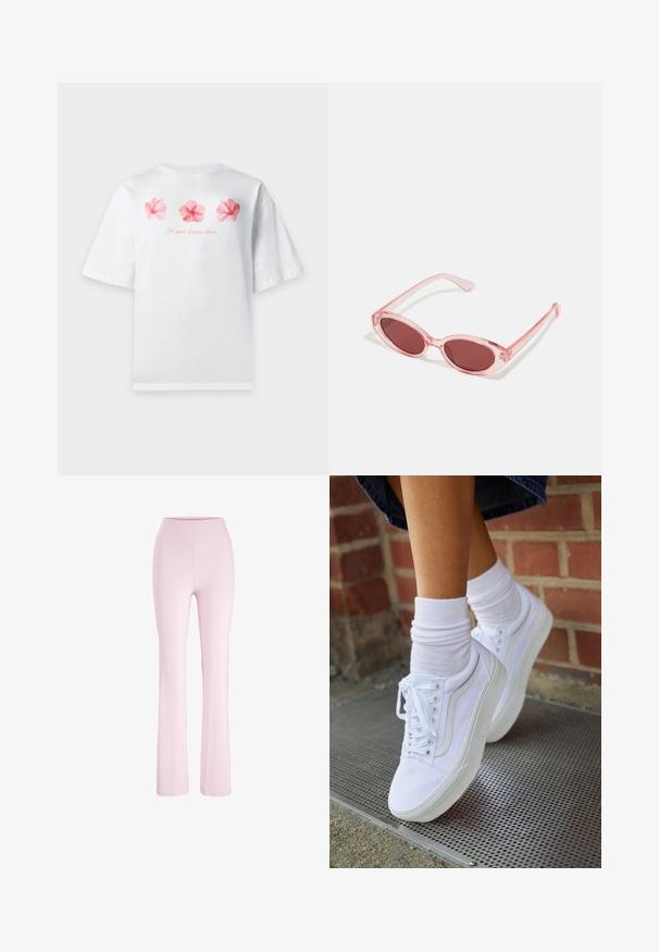 Hvid T-shirt med korte ærmer med tre pink hibiscusblomster hen over brystet og teksten "Let your dreams bloom" nedenunder.; Lyserøde yoga bukser med høj talje med tætsiddende pasform over lårene og let udvidede ben, vist på en hvid baggrund.; Hvide lærreds sneakers med gummisåler, der har seks snørehuller, rund tå og let sømdetaljer, krydret med hvide ankelstrømper.; Lyserøde transparente solbriller med ovale linser, mørkerød toning og slanke stænger, der har en glat overflade og diskret detaljering på rammen.