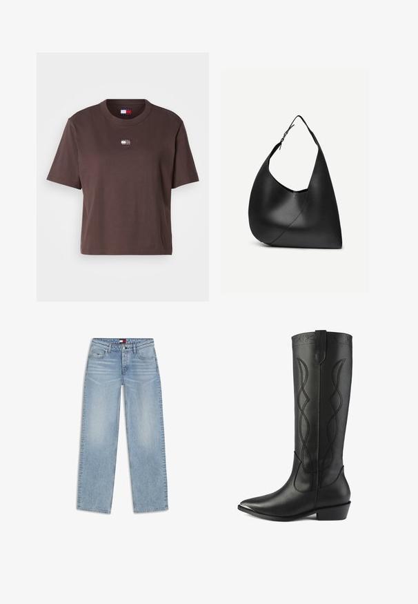 T-shirt en coton marron avec un col rond classique, des manches courtes et un petit logo brodé de couleurs contrastées sur la poitrine.; Jean en denim bleu clair à coupe droite avec fermeture par bouton et zip, poches avant et légère décoloration au niveau des cuisses.; Des bottes noires en cuir hautes présentent un bout pointu, un talon carré et des coutures décoratives avec des lignes entrelacées le long de la tige.; Sac à épaule en cuir noir avec forme triangulaire incurvée, une seule sangle ajustable, et une couture diagonale visible à l'avant.