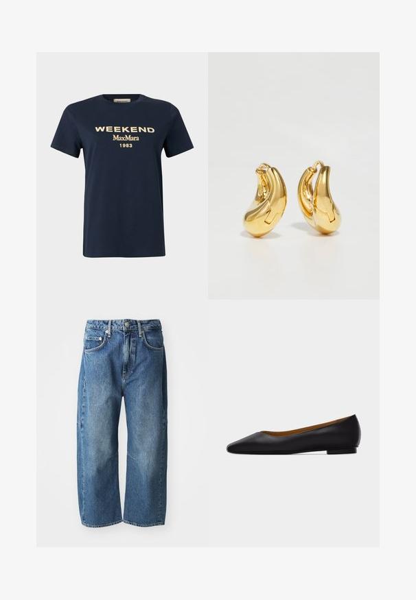 T-shirt bleu marine à manches courtes avec texte beige "WEEKEND MaxMara 1983" imprimé sur le devant sur un fond uni.; Jeans en denim bleu avec une coupe décontractée à jambes larges, dotés de poches avant, d'une fermeture à bouton et à glissière, et d'un léger délavage au niveau des genoux.; Chaussure plate en cuir noir à bout pointu avec talon bas et finition lisse, vue de côté sur un fond gris clair.; Boucles d'oreilles en or en forme de d'anneaux lisses et courbés avec une finition polie. Équipées d'un mécanisme de fermeture et de légères indentations pour le détail.