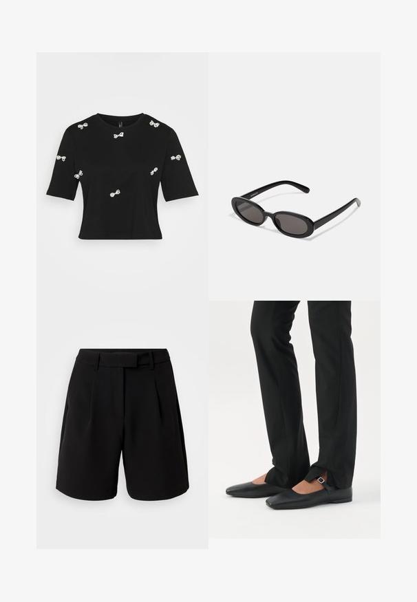 Zwarte katoen t-shirt met korte mouwen en decoratieve witte strik-applicaties verspreid over de voorkant en de mouwen.; Zwarte op maat gemaakte shorts, gemaakt van een gladde stof, met een hoge taille, plooien, ceintuurlussen en zijzakken, met een strakke afwerking.; Benen met zwarte smalle broek met voorsplitten aan de zoom, gecombineerd met zwarte platte Mary Jane-schoenen met een klein gespje.; Even&Odd by Zalando Zonnebril - black