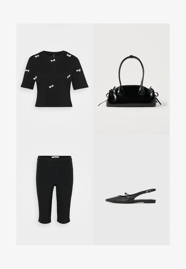 T-shirt noir en coton présentant des manches courtes et des appliqués en forme de nœud en blanc décoratifs dispersés sur le devant et les manches.; Pantalons capri noirs en tissu lisse. Dotés d'un devant plat avec passants de ceinture et d'un ourlet coupé. Design simple sans motifs visibles.; Chaussures slingback en cuir noir avec un bout pointu, comprenant une lanière étroite et un accent de boucle argentée sur le côté. Semelle plate.; Petit sac à main noir brillant avec deux longues anses et des détails à cordon sur les côtés sur un fond clair uni.