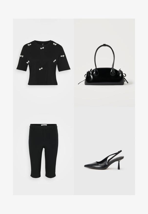 T-shirt noir en coton présentant des manches courtes et des appliqués en forme de nœud en blanc décoratifs dispersés sur le devant et les manches.; Pantalons capri noirs en tissu lisse. Dotés d'un devant plat avec passants de ceinture et d'un ourlet coupé. Design simple sans motifs visibles.; Chaussure à talon haut en cuir noir, à bride arrière, avec un bout pointu et un talon fin sur fond blanc.; Petit sac à main noir brillant avec deux longues anses et des détails à cordon sur les côtés sur un fond clair uni.
