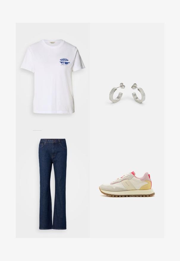 T-shirt en coton blanc avec un design graphique bleu d'une chaise de plage et d'un parasol sur la partie gauche de la poitrine, col rond, manches courtes.; Jean en denim bleu évasé avec taille haute, dotés d'une texture lisse, d'une fermeture à bouton en métal et d'un design à cinq poches.; Baskets avec une tige en cuir crème, des accents en daim rose et un talon jaune, dotées d'une semelle en caoutchouc à motif et de lacets blancs.; Boucles d'oreilles en métal argenté avec un design texturé, dotées d'un petit fermoir et d'une marque sur une des hoops. Forme arrondie avec une finition polie.