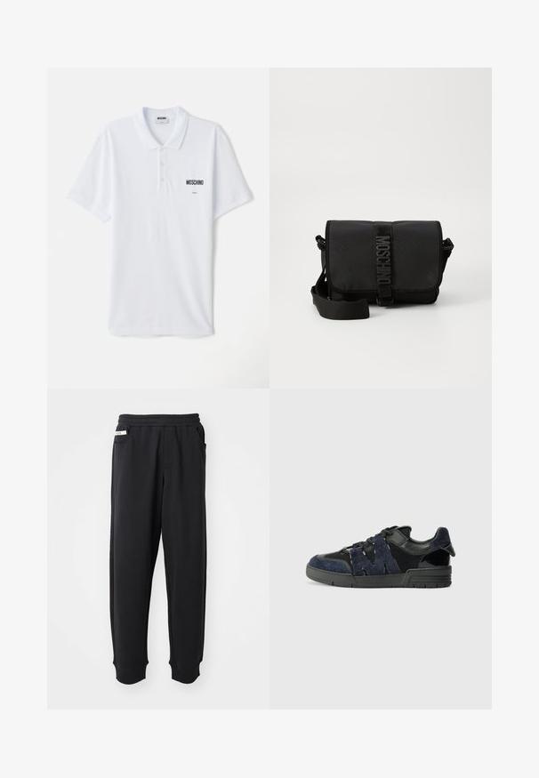 Witte polo shirt van katoen, voorzien van een drieknops sluiting, korte mouwen en een klein zwart "Moschino" logo op de borst.; Zwarte sweatpants van zachte stof, met een elastische tailleband, zijzakken en geribbelde boorden bij de enkels. Minimalistisch ontwerp.; Zwarte en marineblauwe sneakers zijn gemaakt van suede en mesh materialen, met een dikke zool en een opvallend uitgesneden "M" detail aan de zijkant.; Zwarte nylon schoudertas met klep, voorzien van een opvallende logo riemsluiting, een verstelbare schouderriem en zijnaaddetails.