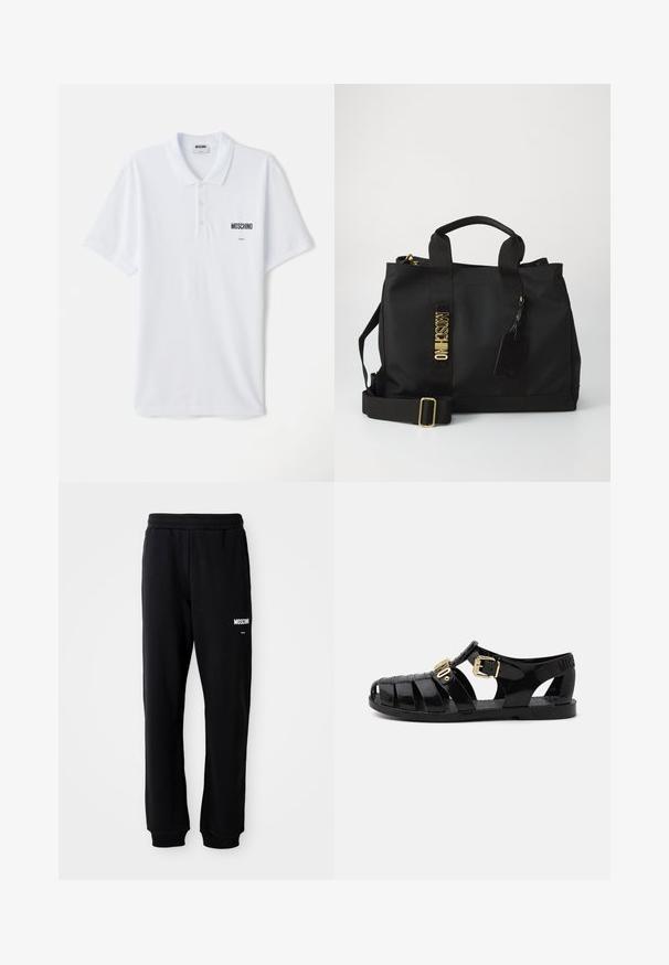 Camisa polo blanca de algodón, con tapeta de tres botones, mangas cortas y un pequeño logo negro de "Moschino" en el pecho.; Pantalones de chándal negros con un corte relajado, hechos de una tela suave. Presentan una cintura elástica y el logo blanco de "Moschino" en el muslo izquierdo.; Sandalias de goma negras con diseño perforado, que cuentan con un cierre de hebilla dorada y una plantilla texturizada. Logo estampado en el talón.; Bolso tote negro de Moschino con asas dobles, correa de hombro ajustable, letras del logo en dorado y etiqueta de equipaje negra adjunta sobre un fondo liso.