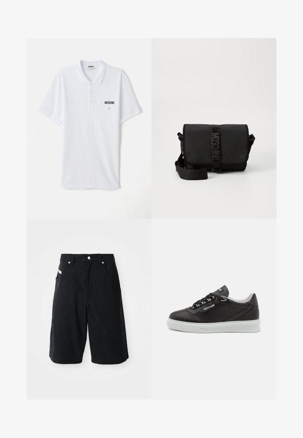 Weißes Poloshirt aus Baumwolle mit einem Drei-Knopf-Verschluss, kurzen Ärmeln und einem kleinen schwarzen "Moschino"-Logo auf der Brust.; Schwarze Baumwollshorts mit lockerer Passform, ausgestattet mit Vordertaschen, einem Taillenbund mit Gürtelschlaufen und einem kleinen Etikett an der Seite.; Roberto Cavalli Sneaker low - black; Schwarze Nylon-Crossbody-Tasche mit Klappe, ausgestattet mit einem auffälligen Logo-Gurtverschluss, verstellbarem Tragegurt und seitlichen Steppnähten.