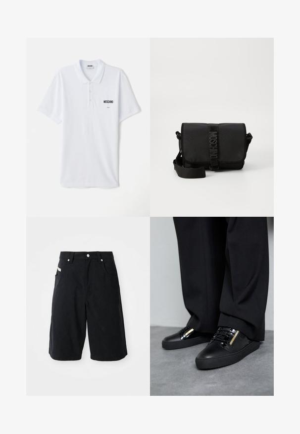 Polo blanc en coton, avec un col à trois boutons, des manches courtes et un petit logo noir "Moschino" sur la poitrine.; Shorts noirs en coton avec une coupe décontractée, dotés de poches avant, d'une taille avec passants de ceinture et d'une petite étiquette sur le côté.; Baskets en cuir noir avec des accents brillants, des lacets texturés et un détail de fermeture éclair ; associées à un pantalon sombre et ample sur un sol gris.; Sac bandoulière noir en nylon avec rabat, doté d'une fermeture à bande logo proéminente, d'une bandoulière réglable et de détails de surpiqûres sur les côtés.
