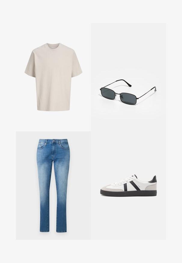 Beige geribd T-shirt met korte mouwen, ronde hals, losse pasvorm en subtiele verticale textuurlijnen.; Blauwe jeans met rechte pijpen, mid-rise taille, knoop- en ritssluiting en klassiek ontwerp met vijf zakken.; Witte sneaker met zwarte en grijze accenten, voorzien van een grijze neus met textuur, zwarte rubberen zool en platte witte veters. Schoon ontwerp, minimalistische stijl.; Zwarte rechthoekige zonnebril met dun metaal montuur en donkere glazen, liggend op een wit oppervlak.