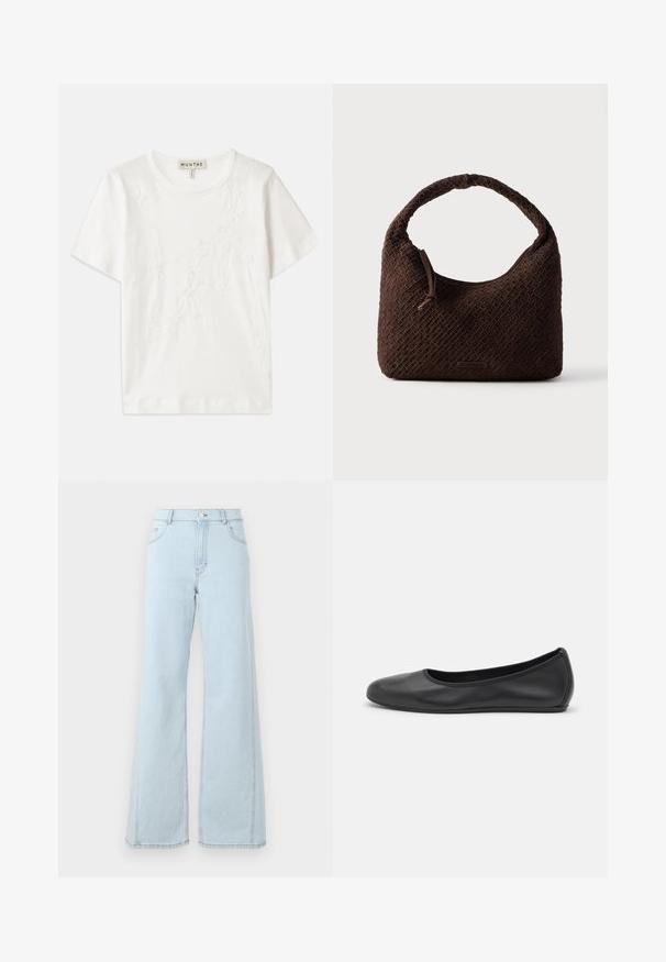 Hvid bomulds t-shirt med korte ærmer, som har blomsterbroderi på forsiden og en rund halsudskæring.; Lysblå denim wide-leg jeans har høj talje, frontlommer og synlige stiksyninger på sømmene og kanten.; Sort læderballetsko med rund tå, glat tekstur, minimal syning og et fleksibelt såldesign.; Brun flettet håndtaske med rundt håndtag, lavet af tekstureret materiale. Har lynlås lukning og en lille logo detalje.
