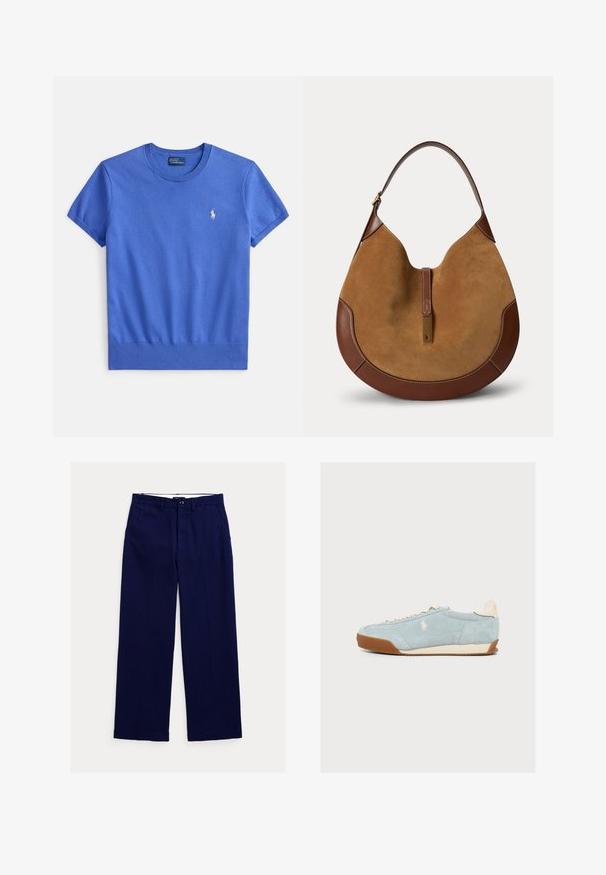 Blauw katoenen T-shirt met korte mouwen, een ronde hals en een geribbelde zoom. Heeft een klein geborduurd logo op de linkerborst.; Marineblauwe rechte broek met riemlussen, knoopsluiting aan de voorkant en zijzakken op een witte achtergrond.; Lichtblauwe suède sneaker met bruine zool, witte veters en een klein wit paardenlogo aan de zijkant, weergegeven op een effen achtergrond.; Bruine suède en leren handtas in halve maanvorm met een enkele band en een goudkleurige rechthoekige sluiting aan de voorkant in het midden.