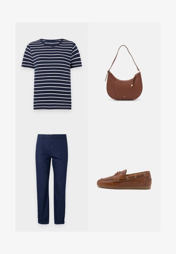 T-shirt bleu marine à manches courtes avec des rayures horizontales blanches, encolure ronde et en matériau coton doux. Design simple et classique.; Chinos en coton bleu marine avec une taille plate, fermeture à bouton métallique, poches latérales et ourlets à revers. Texture lisse et design ajusté.; Bateaux en cuir marron avec un détail de laçage, des œillets en métal, une finition texturée et une semelle en caoutchouc souple beige. Design à bout rond.; Sac à épaule en faux cuir brun, de forme arrondie, avec des coutures minimales et un accent en matériel doré. Il possède une fermeture zippée sur le dessus et une sangle réglable.