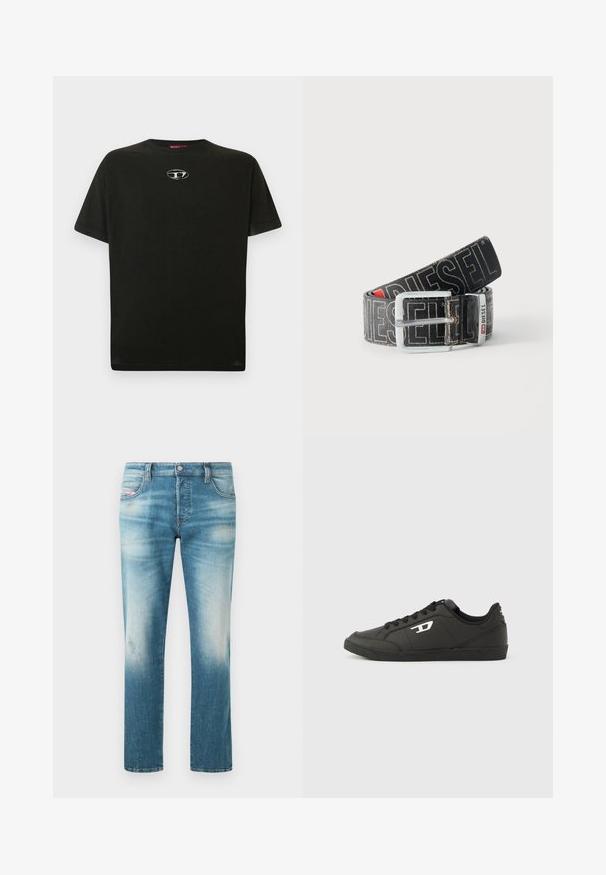 T-shirt en coton noir à manches courtes, col rond, avec un petit logo métallique sur la poitrine. Texture lisse et coupe droite.; Jean droit pour homme de couleur bleu moyen délavé avec léger effet usé et conception classique à cinq poches.; Baskets synthétiques noires avec une semelle noire texturée, un bout rond et des lacets plats noirs. Logo blanc remarquablement placé sur le côté extérieur.; Ceinture noire Diesel avec grand texte logo blanc, boucle rectangulaire en argent, et détail de boucle métallique brandée, enroulée sur un fond clair.