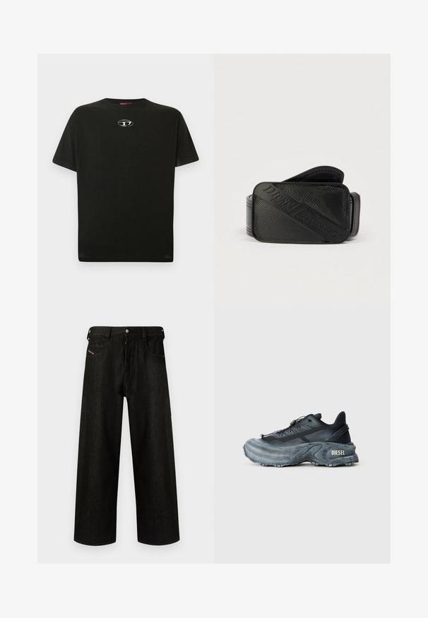 T-shirt en coton noir à manches courtes, col rond, avec un petit logo métallique sur la poitrine. Texture lisse et coupe droite.; Jean noir à jambes larges en denim, présentant une fermeture éclair, cinq poches et un branding discret sur la poche avant. Tissu durable et texturé.; Baskets Diesel noires et grises avec semelle épaisse, système de laçage à bascule et design texturé sur fond gris clair uni.; Ceinture noire présentant un design texturé avec un logo en relief bien visible. Le matériau semble lisse avec une finition en cuir.