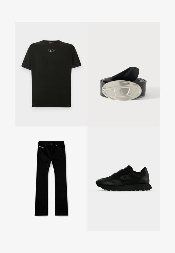 Sort bomulds T-shirt med korte ærmer, rund hals og et lille metallisk logo på brystet. Glat tekstur og lige snit.; Sorte straight-leg jeans med frontknap og lynlås, for- og baglommer samt en hvid etiket synlig i den højre forlomme.; Sort lavtop sneakers med tekstureret læder og stofpaneler, snørelukning og tyk gummisål på en ensfarvet lys baggrund.; Sort rullet læderbælte med stor oval sølvspænde med et hævet abstrakt geometrisk design.
