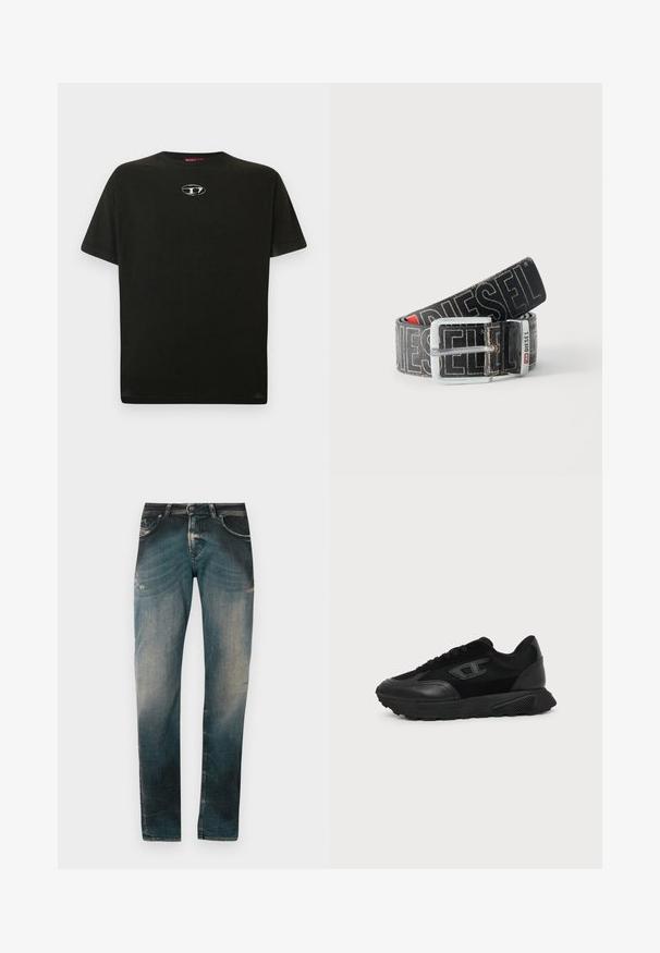 T-shirt en coton noir à manches courtes, col rond, avec un petit logo métallique sur la poitrine. Texture lisse et coupe droite.; Jeans en denim slim-fit bleu délavé avec un léger effet usé et des détails de moustaches, présentant des poches avant et arrière ainsi que des passants de ceinture.; Baskets basses noires avec semelle texturée, dessus en mesh et cuir, fermeture à lacets devant, et petit logo embossé sur le panneau latéral.; Ceinture noire Diesel avec grand texte logo blanc, boucle rectangulaire en argent, et détail de boucle métallique brandée, enroulée sur un fond clair.