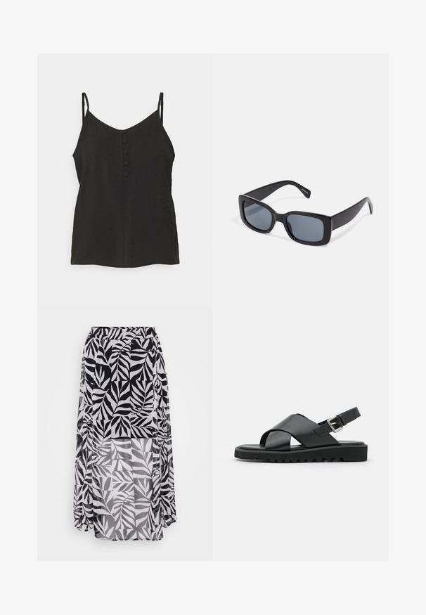 Vero Moda Petite VMQUEENY SINGLET V NECK - Top - black; Falda de patrón de hojas en blanco y negro, hecha de un tejido ligero y texturizado, con cintura elástica y diseño de longitud de suelo.; Sandalias de cuero negras con diseño de tiras cruzadas, hebilla ajustable y suela texturizada con estrías para un mejor agarre.; Gafas de sol rectangulares negras con lentes oscuros, montura de plástico grueso y patillas anchas. Superficie lisa y diseño anguloso.