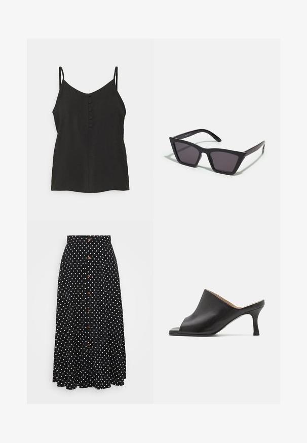 Vero Moda Petite VMQUEENY SINGLET V NECK - Topp - black; Mustade täppidega seelik, kõrge vöökoht, nööpide eesmine kinnitamine, põlve pikkus, valmistatud sileda tekstuuriga ja peene langevusega kangast.; Selected ASHLEY - Kontsaga tagant lahtised kingad - black; Mustad mustrakellad, millel on hallid šabloonid; valmistatud plastist, paksude ja siledate kätega, ilma nähtava riistvarata.