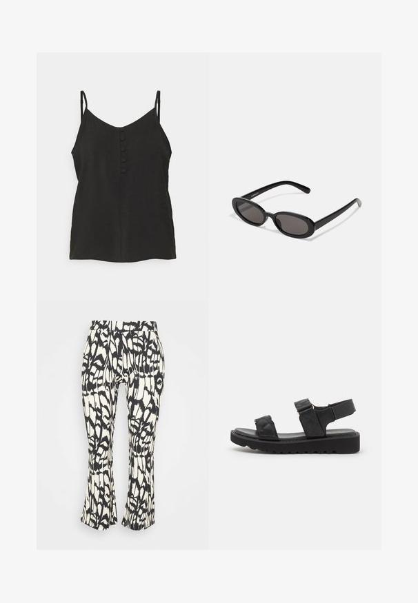 Vero Moda Petite VMQUEENY SINGLET V NECK - Top - black; ONLY Petite ONLGRID FLARED PANT - Bukser - black; Sorte platform sandaler med quiltede stropper, åben tå og justerbar ankelrem. Tekstureret gummisål med zigzag mønster for godt greb.; Even&Odd by Zalando Solbriller - black