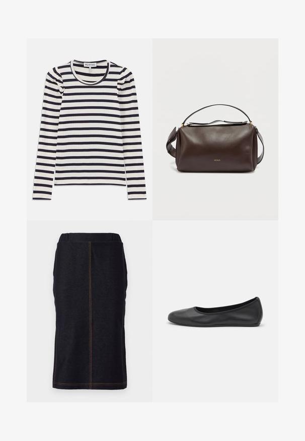 Langærmet ribbet top med horisontale navy og hvide striber; har en rund halsudskæring og sammenrullet detaljer ved skuldrene.; Denim blyantnederdel i mørkeblå med lige snit og sideslidser, med kontrastfarvet orange syninger langs sømmene. Elastisk talje for komfort.; Sort læderballetsko med rund tå, glat tekstur, minimal syning og et fleksibelt såldesign.; Brun skuldertaske i læder med et struktureret design, der har et gyldent logo, en lynlåslukning øverst og en aftagelig rem. Glat tekstur.
