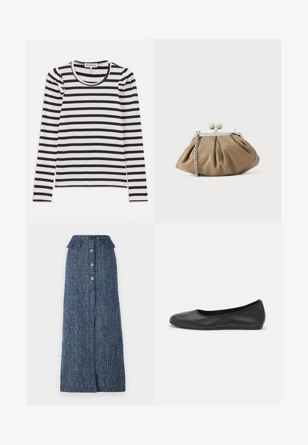 Langärmeliges, geripptes Oberteil mit horizontalen navyblauen und weißen Streifen; verfügt über einen runden Halsausschnitt und Raffungen an den Schultern.; Dunkelblauder Denim-Maxi-Rock mit strukturierter Oberfläche, mit Knopfverschluss vorne, zwei Klappentaschen und einem leichten Schlitz vorne.; Schwarze Leder-Ballettschuhe mit abgerundeter Spitze, glatter Textur, minimalen Nähdetails und einem flexiblen Sohlen-Design.; Lederclutch in sanftem Beige mit abgerundeter Form, plissierter Textur, silbernem Kissenschloss und abnehmbarem Kettenriemen.