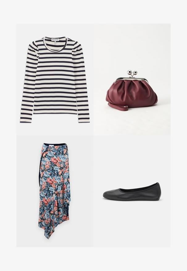 Haut à manches longues en rib avec des rayures horizontales bleu marine et blanches ; présente un col rond et des détails froncés aux épaules.; Rabanne Jupe crayon - english tapestry/pink/blue/green; Ballerines en cuir noir avec un bout rond, texture lisse, détails de couture minimalistes et design de semelle flexible.; Petit sac pochette en cuir bordeaux avec fermoir métallique argenté et bracelet sur fond blanc.