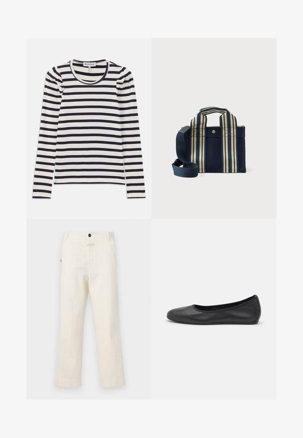 Langærmet ribbet top med horisontale navy og hvide striber; har en rund halsudskæring og sammenrullet detaljer ved skuldrene.; Beige bomuldsbukser med lige ben-design, der har en frontknaplukning og en lomme med en cirkulær knapdetalje.; Sort læderballetsko med rund tå, glat tekstur, minimal syning og et fleksibelt såldesign.; Lille navy blue tote bag med brede, vertikale cremefarvede og navy stribede håndtag samt en justerbar navy skulderrem, sat mod en hvid baggrund.