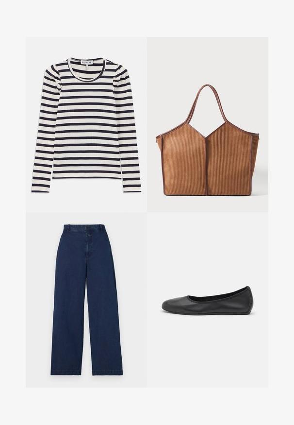 Langærmet ribbet top med horisontale navy og hvide striber; har en rund halsudskæring og sammenrullet detaljer ved skuldrene.; Bredde ben, mørkeblå denimbukser med høj talje, der har en frontlukning med knap og sidelommer. Blød tekstur med minimal detaljering.; Sort læderballetsko med rund tå, glat tekstur, minimal syning og et fleksibelt såldesign.; Brun læderindlagt tote-bag med vertikal ribbet tekstur og to håndtag, der står oprejst mod en ensfarvet hvid baggrund.