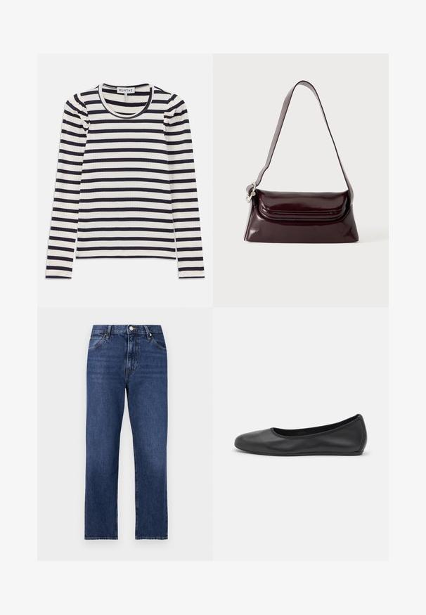 Langärmeliges, geripptes Oberteil mit horizontalen navyblauen und weißen Streifen; verfügt über einen runden Halsausschnitt und Raffungen an den Schultern.; Jeans aus Denim in einem dunklen Blauton. Gerades Bein Design mit fünf Taschen, Frontknopfverschluss und kontrastierenden Stickereidetails.; Schwarze Leder-Ballettschuhe mit abgerundeter Spitze, glatter Textur, minimalen Nähdetails und einem flexiblen Sohlen-Design.; Dunkel bordeauxrote Leder-Schultertasche mit Klappenverschluss und einem schmalen verstellbaren Riemen, präsentiert auf einem schlichten hellen Hintergrund.