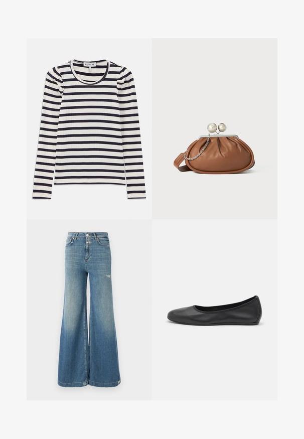 Langærmet ribbet top med horisontale navy og hvide striber; har en rund halsudskæring og sammenrullet detaljer ved skuldrene.; CLOSED GLOW UP - Wide leg - mid blue; Sort læderballetsko med rund tå, glat tekstur, minimal syning og et fleksibelt såldesign.; Brun læder clutch-pung med sølv kugleklap og en lille sølv kædedetalje på en hvid baggrund.