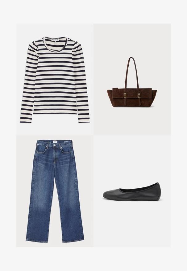 Langsleeve geribbelde top met horizontale marineblauwe en witte strepen; heeft een ronde halslijn en geplooide details op de schouders.; Citizens of Humanity ANNINA - Straight leg jeans - westwood dark indigo; Zwarte leren ballerina met een ronde neus, gladde textuur, minimale stikdetails en een flexibele zoolontwerp.; Donkerbruine suède handtas met lange dubbele bandjes, rechthoekige vorm en drie klepzakken met goudkleurige gespsluitingen.