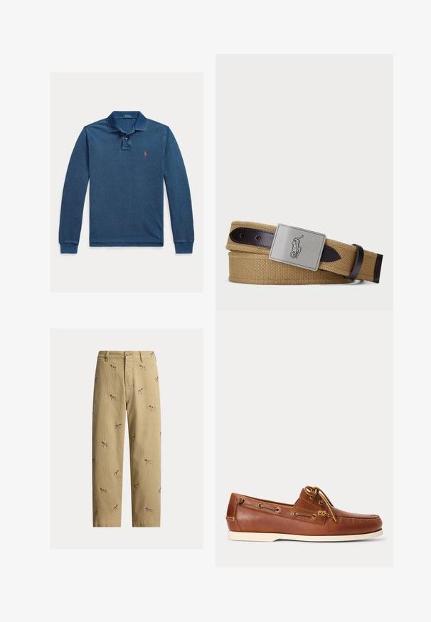 Langærmet poloshirt i mørkeblåt bomuldsstof, med tre-knaps lukkemekanisme, ribbet krave og manchetter samt et rødt logo på brystet.; Beige fløjlsbukser med broderede hundemotiver, lige ben, fem lommer og knaplukning foran.; Brun læder bådsko med hvid sål, snørebånd bundet foroven og metal-øjer langs siderne og i forreste syning.; Vævet stofbælte i tan med mørkebrune læderdetaljer. Har en rektangulær sølvmetalspæl med et præget polo-spiller design.