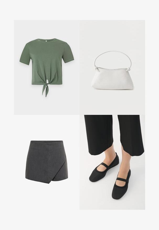Grøn crop top med korte ærmer, rund halsudskæring og bindedetalje foran ved kanten.; Grå kort nederdel med wrap-design i et glat, tekstureret stof. Skræddersyet pasform med en skrå afslutning og rene kanter.; Sorte flade sko lavet af glat materiale, med rund tå og en kontrastfuld rem over vristen. Flad sål, minimalistisk design.; Hvid fletlæderhåndtaske med afrundet håndtag og ender på remmen, der er knyttet, vist mod en ensfarvet baggrund.
