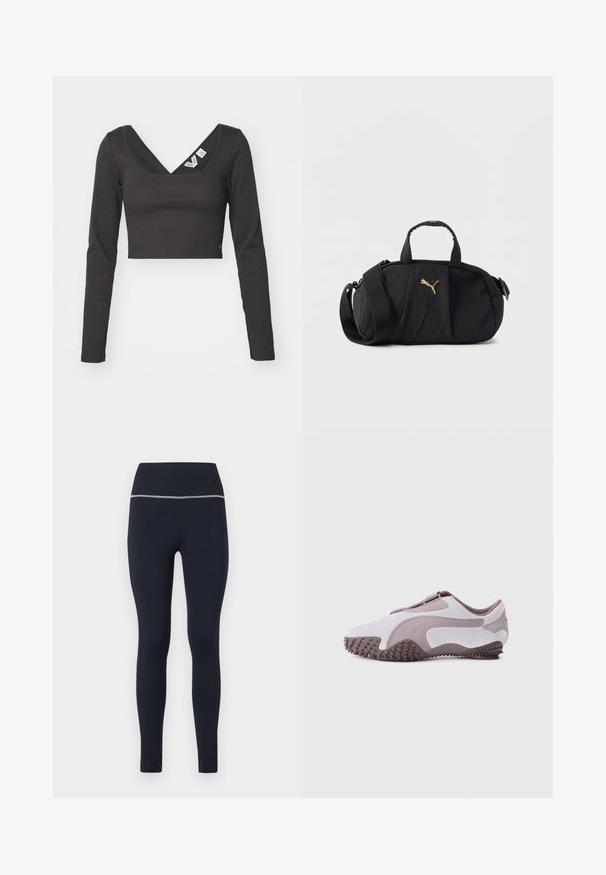 Sort ribbet langærmet crop top med en dyb V-hals og tætsiddende design. Har mærker på indersiden af halsudskæringen. Glat tekstur.; Marineblå tætsiddende leggings lavet af strækbart stof, med en bred talje med reflekterende kant langs toppen for synlighed.; Lysegrå atletiksko med blødt ruskindsoverdel, gummisål med teksturerede pigge og fleksibelt design. Sidelogo i en mørkere nuance.; Sort tekstureret skuldertaske med top håndtag, bred justerbar rem og lille gyldent Puma-logo centreret foran.