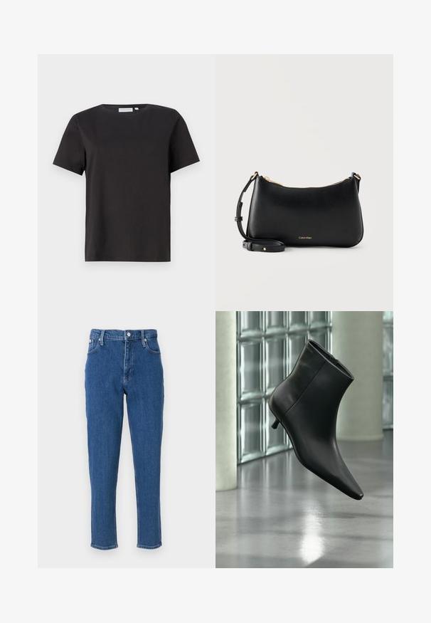 Zwarte katoenen t-shirt met korte mouwen, een ronde halslijn en een eenvoudig, strak ontwerp. Geen zichtbare patronen of versieringen.; Blauwe denim jeans met een hoge taille, ritssluiting, vijf zakken, rechte pijpen en een subtiele vervaagde textuur, afgewerkt met een nette zoom.; Zwarte leren enkellaars met spits toelopende neus en lage kittenhak, schuin weergegeven tegen een gepolijste vloer en een glazen blokken muur als achtergrond.; Zwarte leren schoudertas van Calvin Klein met gouden rits en verstelbare band op een effen lichte achtergrond.