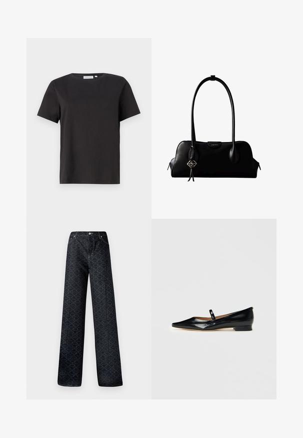 Schwarzes Baumwoll-T-Shirt mit kurzen Ärmeln, Rundhalsausschnitt und einem einfachen, klaren Design. Keine sichtbaren Muster oder Verzierungen.; Dunkelblaue, weite Jeans mit geometrischem Muster, aus Denim gefertigt. Mit Metallknopf, Reißverschluss und Kettelung der vorderen Taschen.; Schwarze Lackleder-Mary-Jane-Ballerinas mit spitzem Schuh und einem einfachen Riemen sowie niedrigem Absatz auf einfarbigem Hintergrund.; Schwarze Lederhandtasche von Calvin Klein mit langen Henkeln, einem vorderen Logo-Tag und einem silbernen geometrischen Anhänger, der an einem Henkel hängt.