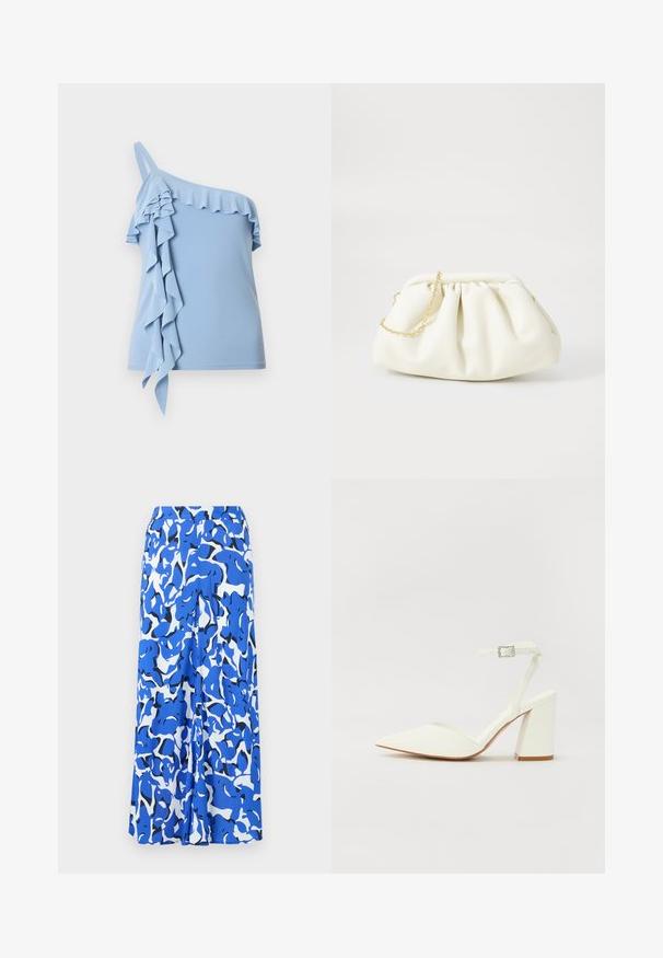 Lichtblauwe top met één schouder met gerimpelde afwerking langs de halslijn en vallende ruches aan één zijde.; Lange rok met een blauw-wit abstract patroon, lichtgewicht stof, brede tailleband en een rechte silhouet met zijsplitsingen.; Witte hakken sandaal met een puntige neus, verstelbaar enkelbandje en een stevige vierkante hak. Gladde textuur met minimale stiksels.; Witte leren handtas met een geassembleerd ontwerp, voorzien van een gouden kettingband en een ronde vorm. Gladde textuur met zachte plooien en geen patronen.