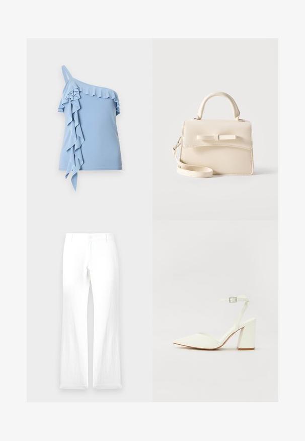 Top azul claro de un solo hombro con adorno fruncido a lo largo del escote y volantes en cascada por un lado.; Pantalones de lino blancos con pierna recta, cierre de botón y sin patrones visibles. Textura suave y diseño minimalista.; Sandalia blanca de tacón con puntera afilada, correa ajustable en el tobillo y un tacón cuadrado grueso. Textura lisa con detalles de costura mínimos.; Pequeño bolso beige con asa superior, correa desmontable, solapa frontal y lazo decorativo horizontal sobre un fondo liso.