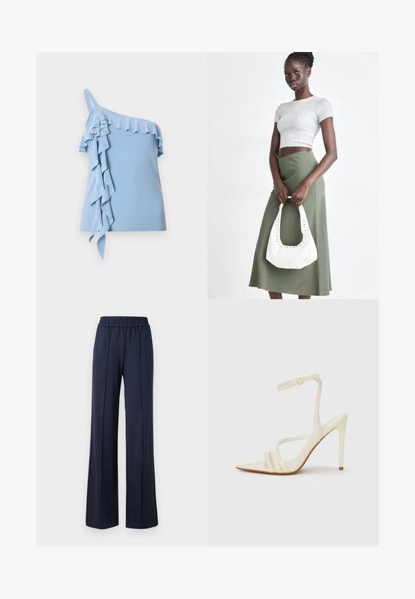 Top azul claro de un solo hombro con adorno fruncido a lo largo del escote y volantes en cascada por un lado.; Pantalones de pierna ancha de color azul marino con una cintura elástica, fabricados en una tela suave y lisa. Presentan líneas limpias y una silueta relajada.; Sandalias de tacón alto beige con punta estrecha, que cuentan con tres tiras frontales y una tira delgada en el tobillo con hebilla. Textura lisa, diseño minimalista.; Top corto de canalé gris y falda de tiro alto verde oliva. La modelo sostiene un bolso de hombro blanco con detalles recortados. Diseño simple, silueta ajustada.